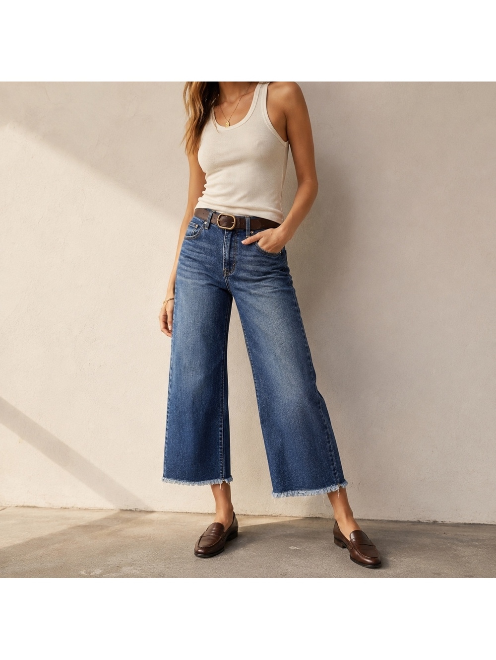 Seven7 Cropped Wide Leg Jeans Women’s Raw Hem Medium Wash Y2K Denim